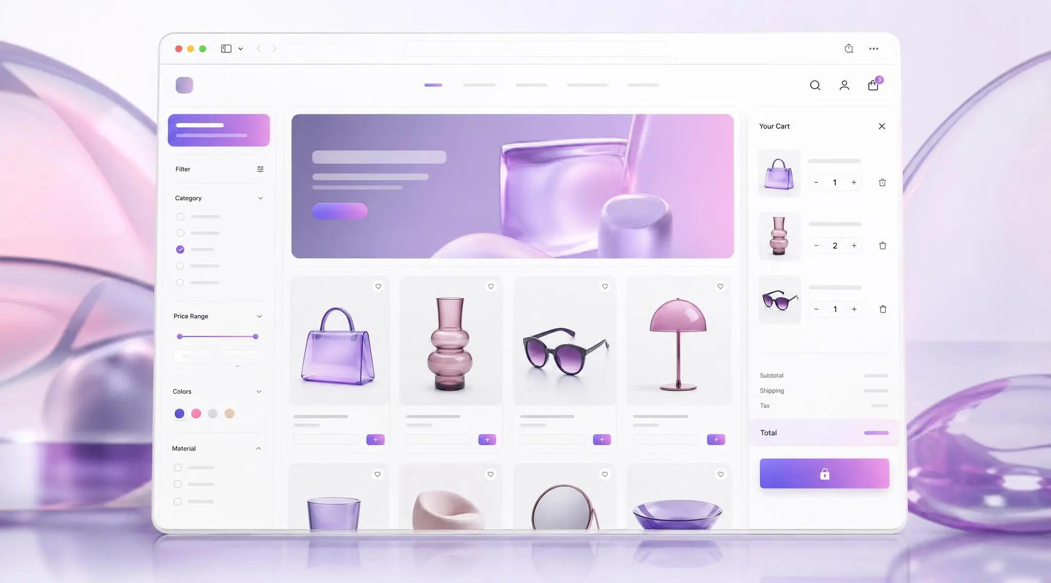 Interface de site e-commerce moderne présentée dans un navigateur
