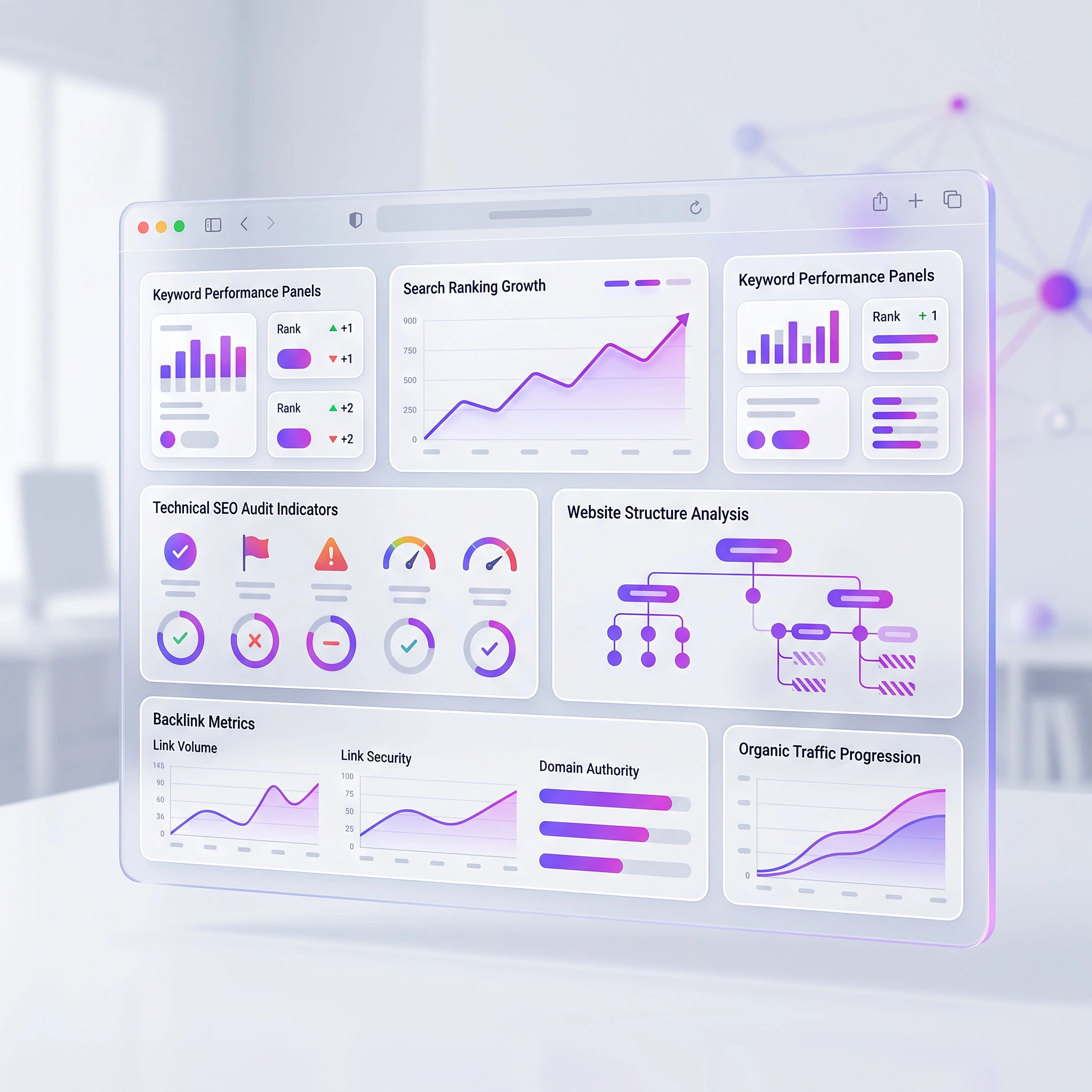 Tableau de bord SEO avec graphiques de trafic et suivi des positions
