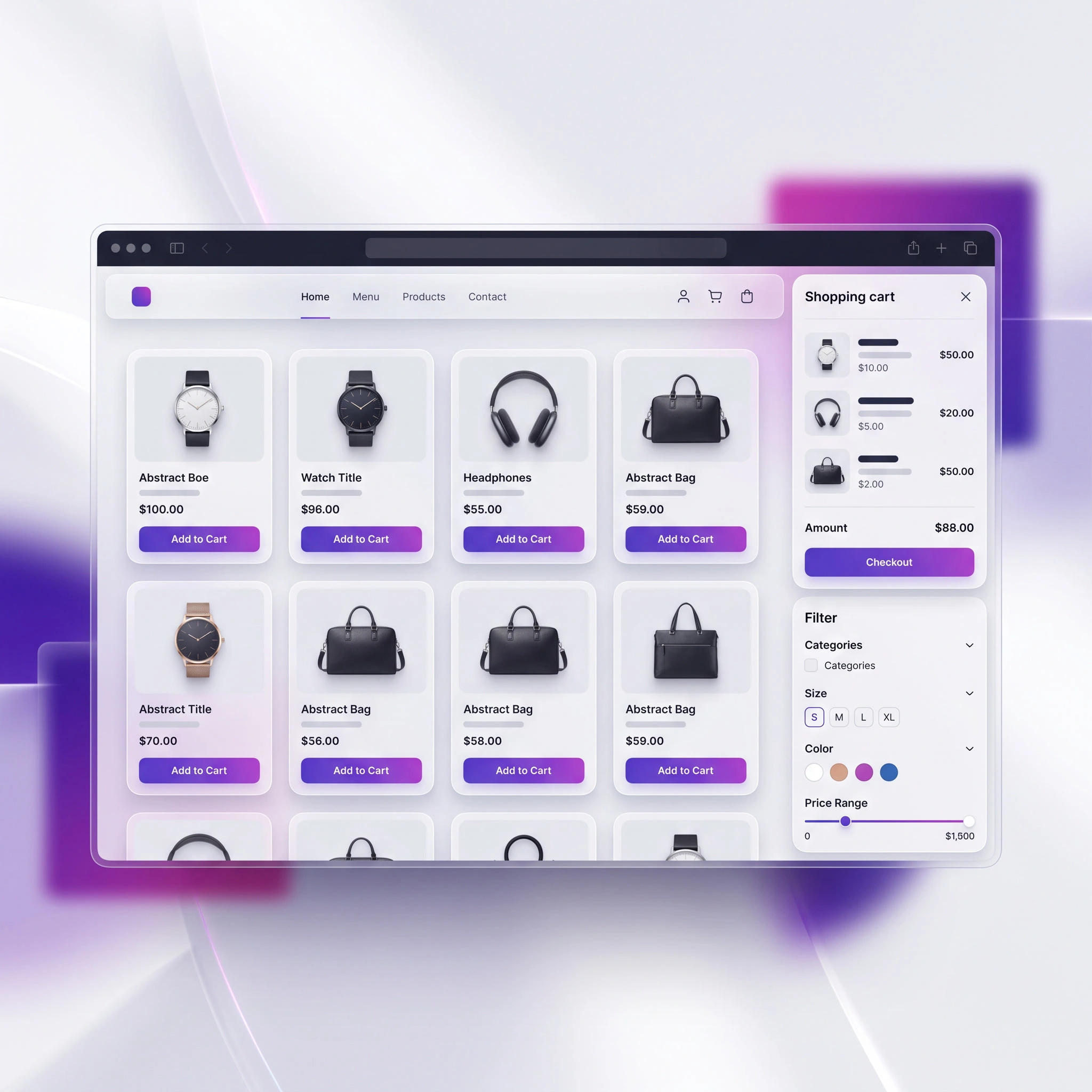 Interface de boutique en ligne avec fiches produits et panier d'achat